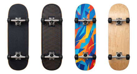 Four different skateboard and longboard decks isolated on transparent background © PNG Lab