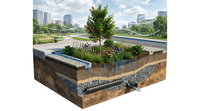 Cross section of an isolated urban bioswale system with soil layers diagram