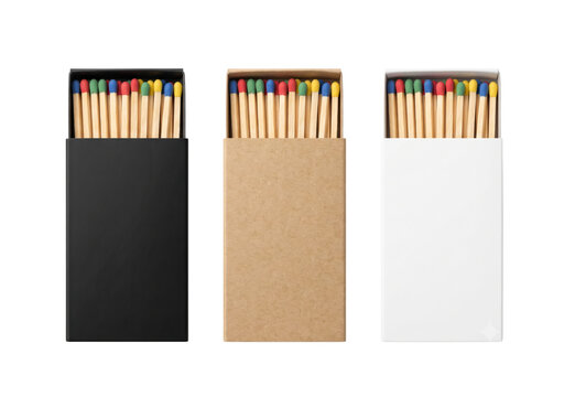 Three different colored matchboxes filled with matches isolated on transparent background