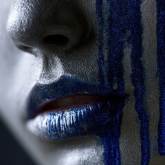 Fototapeta premium Sensual macro portrait, glowing silver skin, dripping bright blue liquid metallic paint from lips, futuristic fashion
