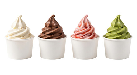 Fototapeta premium Four cups of soft serve ice cream flavors isolated on transparent background