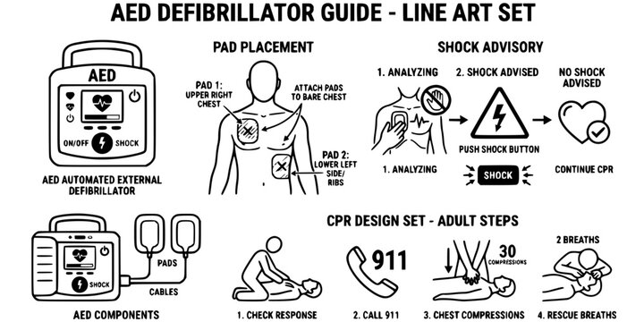 AED Defibrillator Line Art Black White-Pad Placement Shock Advisory Guide-Defib Vector-AED Icon Line-CPR Design Set
