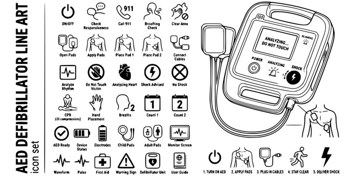 AED Defibrillator Line Art Black White-Pad Placement Shock Advisory Guide-Defib Vector-AED Icon Line-CPR Design Set