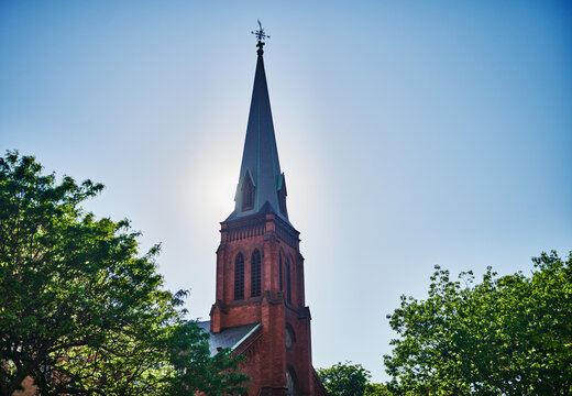 Gothic Revival steeple of Westminster Presbyterian Church, built in 1929, a historic landmark Center Square neighborhood of Albany, New York