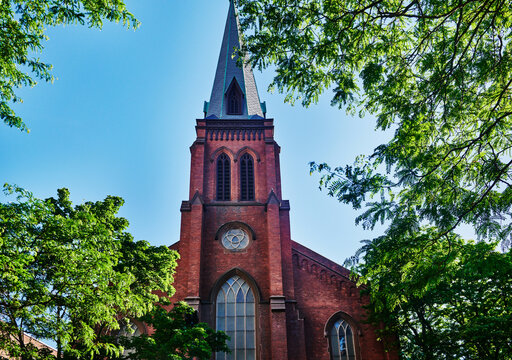 Gothic Revival steeple of Westminster Presbyterian Church, built in 1929, a historic landmark Center Square neighborhood of Albany, New York