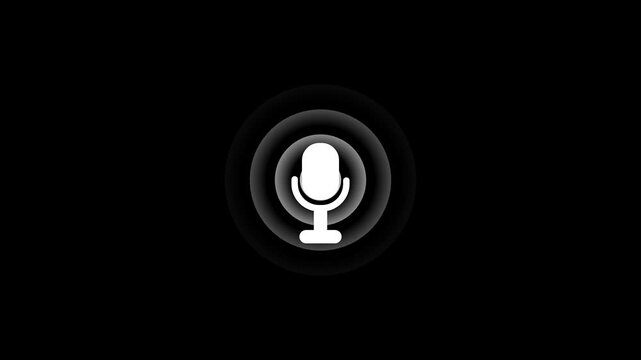 Minimalist white microphone icon animation with pulsing circular sound waves, voice recording and audio recognition symbol for UI/UX motion graphics on black background.4K Animation Stock Video,
