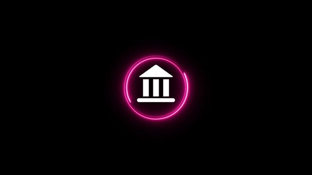 Minimalist white bank icon animation with neon pink glowing circular ring, financial symbol for banking, finance, and investment UI/UX motion graphics on black background.4K Animation Stock Video,