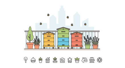 Fototapeta premium Urban Rooftop Beehives and Potted Plants for Sustainable City Beekeeping.