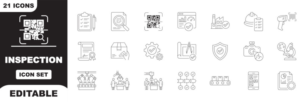Inspection Line Icons Set Editable Stroke Vector &ndash; Quality Control, Quality Assurance, Audit Checklist, QR Code Scanner, Barcode Verification, Factory Inspection, Laboratory Testing, Compliance Safety