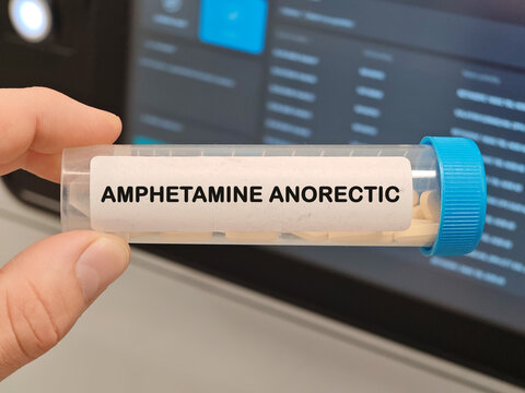 AMPHETAMINE ANORECTIC stimulant or anorectic drug class for ADHD narcolepsy or short term obesity treatment tablets in laboratory