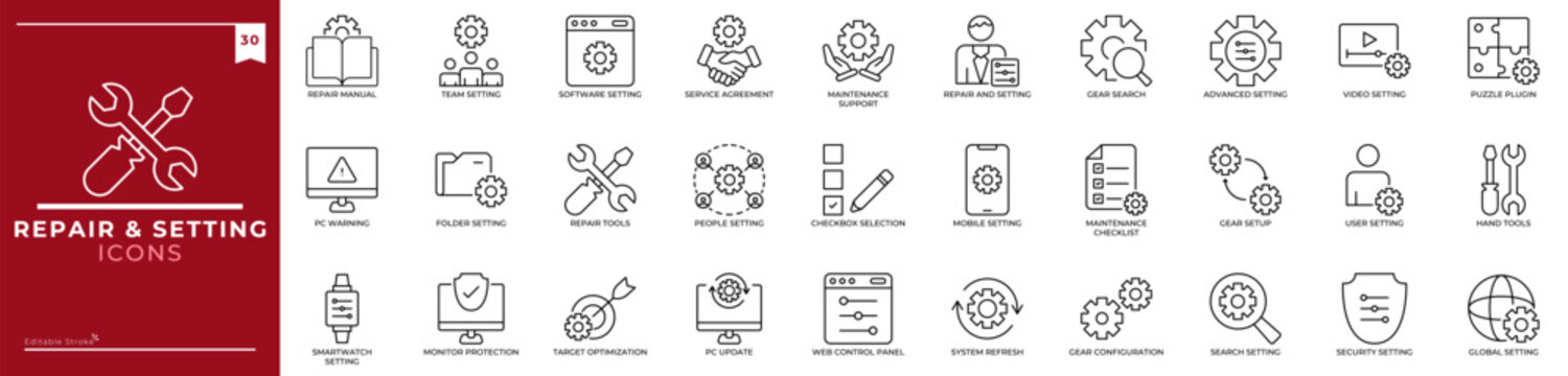 Repair And Setting, Outline icons collection. Simple vector illustration. tool, maintenance, repair, service, fix, gear, hammer, setting and more