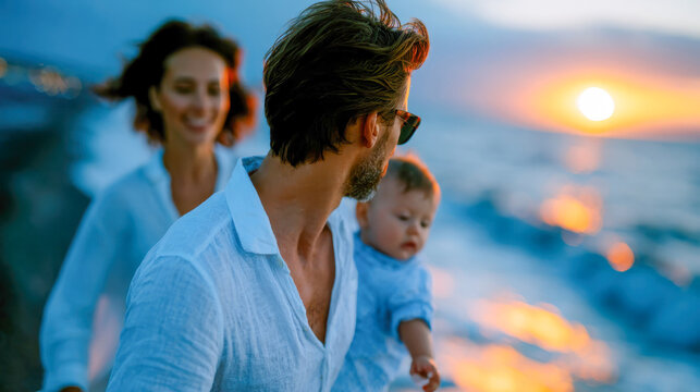 Happy family relaxing together on a sunny beach, viewed from behind, with parents and two children overlooking the blue sea