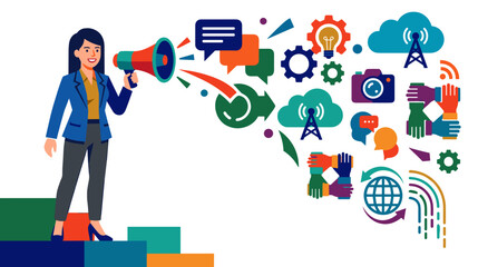 Naklejka premium Marketing expert making announcement through megaphone with digital communication icons isolated on clean background Concept of promotion and audience engagement