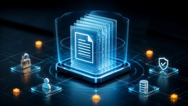 Digital archiving system showcasing a glowing stack of electronic documents protected by security padlocks indicating safe online storage and comprehensive corporate information backup