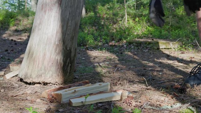 A close-up shot captures a man wearing protective work gloves dropping split firewood logs onto the pine needle covered ground in slow motion. Slow-motion at 24fps.