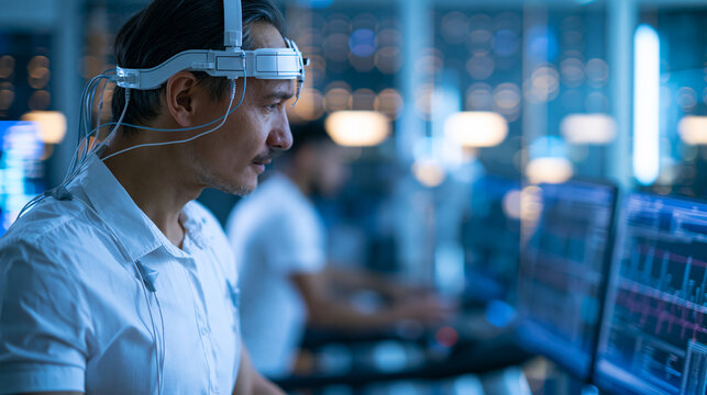 Vertical screen of a faceless man wearing a headset for cardiac monitoring during a treadmill exercise test in a futuristic facility, electrodes attached capturing vital data,
