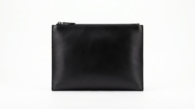 Black leather pouch with zipper, isolated on white background