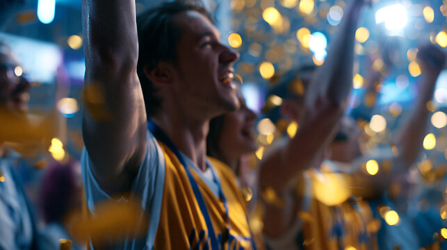 Faceless yellow team basketballers celebrating a successful victory over a national basketball club, cheering together with teammates and coaches, beautiful cinematic shot with