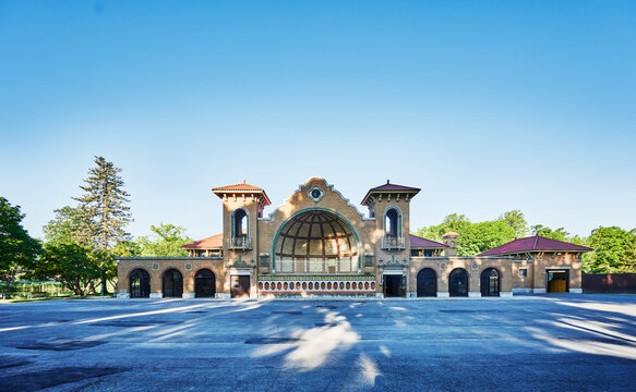 Washington Park Lake House in Albany, New York, which features a prominent terracotta-roofed amphitheater designed for public performances