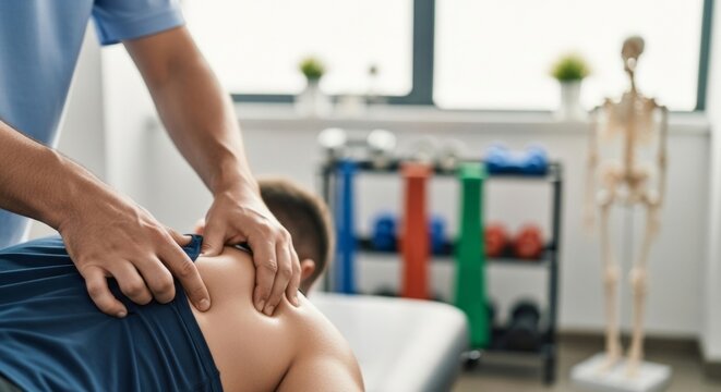 Physiotherapist massaging athlete's shoulder for injury recovery in a modern clinic