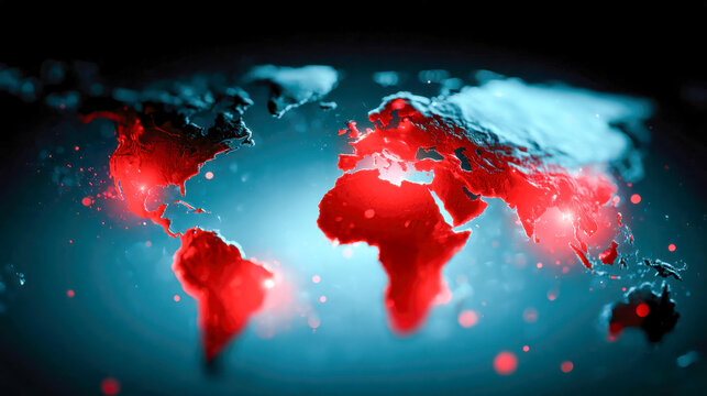 Glowing turquoise world map with bright data point, abstract global communication, digital business and connectivity background