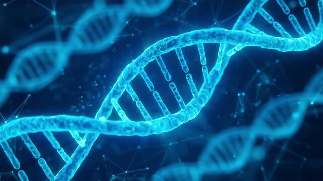 Blue glowing DNA double helix molecular structure. Suitable for science, medicine, technology, biology, and research presentations.