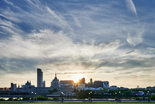 Cityscape of Albany at sunset, New York State, United States 
