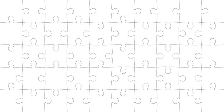 Detailed various shapes puzzle grid overlay. Jigsaw puzzle blank template. 10x5 shapes, 50 pieces. Separate matching puzzle elements. Vector png