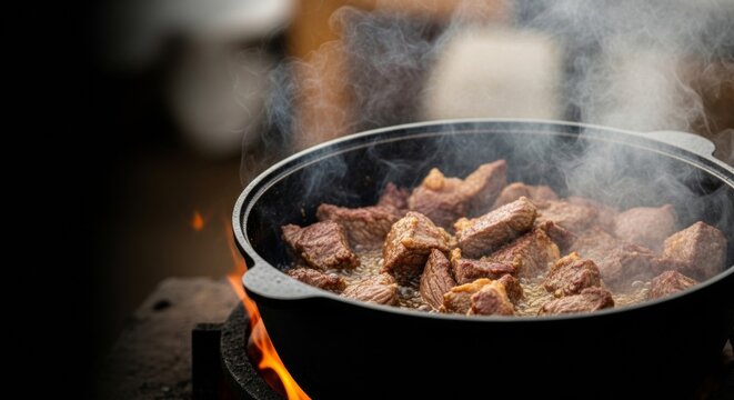 Succulent beef chunks searing in a cast iron kazan pot over an open flame, creating aromatic steam in a dynamic outdoor cooking scene.