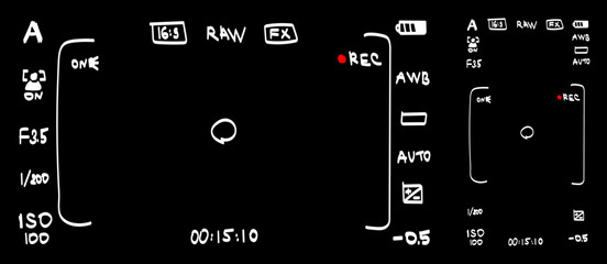 Obraz premium Mobile phone and DSLR camera rec overlay pack in hand drawn doodle style isolated on black bg. Recorder cam display. Video or photo recording screen. Viewfinder Layout template. Vector illustration