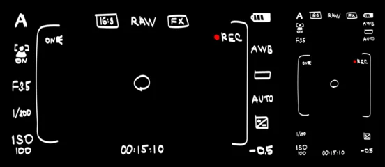 Mobile phone and DSLR camera rec overlay pack in hand drawn doodle style isolated on black bg. Recorder cam display. Video or photo recording screen. Viewfinder Layout template. Vector illustration © boxerx