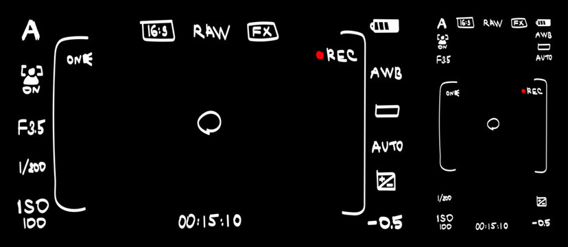 Mobile phone and DSLR camera rec overlay pack in hand drawn doodle style isolated on black bg. Recorder cam display. Video or photo recording screen. Viewfinder Layout template. Vector illustration