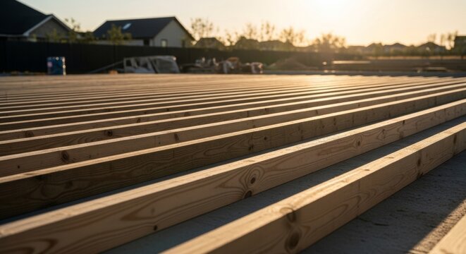 Wooden floor joists on concrete surface during golden hour construction, creating a linear pattern and sense of future development