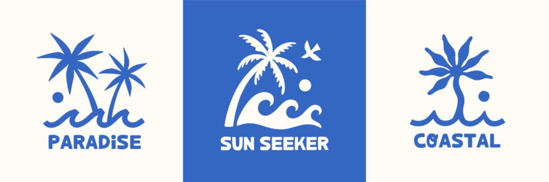Summer beach emblems with palm trees,sea ocean waves,sun,bird elements.Retro surf aesthetic prints.Coastal illustrations for resort branding,apparel design,stickers,t-shirts logo,travel posters,labels