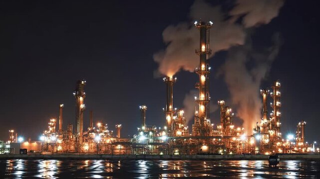 An industrial complex at night, with smoke rising from chimneys, illuminated scene reflecting on water, long shot, static camera, blue and white ambiance, modern industrial setting.
