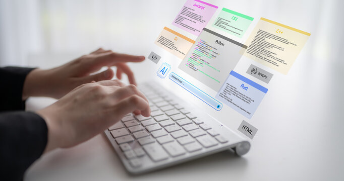 A person interacts with a modern keyboard as floating code snippets and programming languages appear above, portraying a blend of technology and creativity in a bright workspace. Cyphers