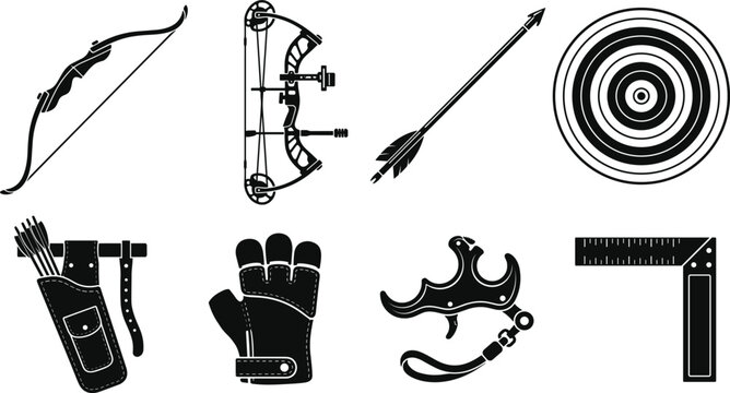 Archery Equipment Icon Set with Recurve Bow Compound Bow Arrow Target Quiver Glove Release Aid and Square Ruler Vector
