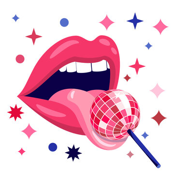 Vector women lips with tongue licking disco ball lollipop illustration. Design for party poster, print, nightlife event