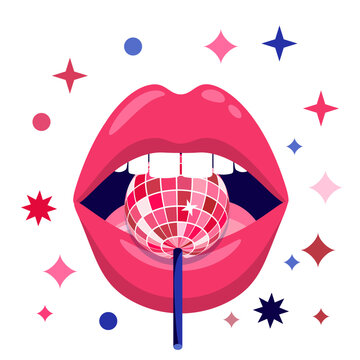 Vector illustration of disco ball lollipop in pink women lips. Female fashion beauty art isolated on white background