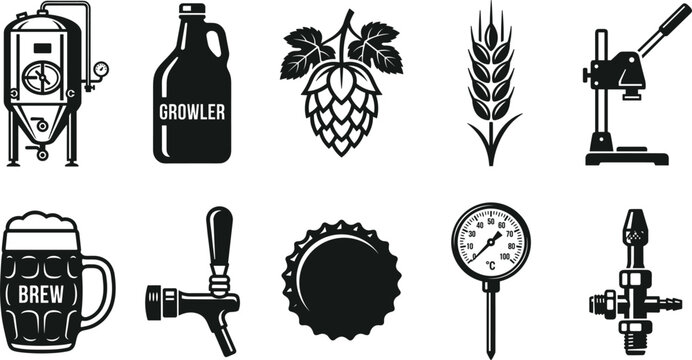 Craft Beer Brewing Equipment Elements Silhouette Icon Set for Brewery Signage Logo Design Bar Menus and Pub Advertising