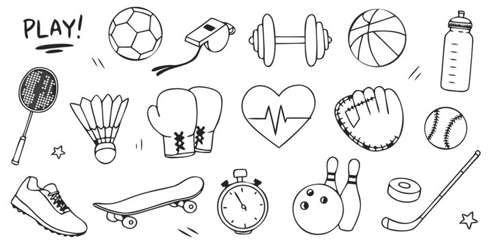 Collection of hand-drawn sports equipment and icons in a playful doodle style with 'PLAY!' text