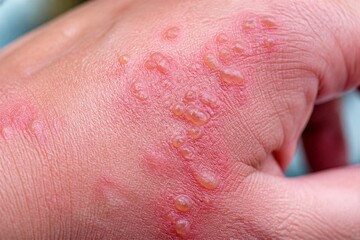 Fototapeta premium A hand is shown with red bumps and blisters on the skin. It appears to be a reaction that might cause discomfort. The skin is swollen and shows signs of irritation.