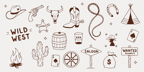 Hand drawn western icons with a campfire and cactus against a neutral background © Mim Studio