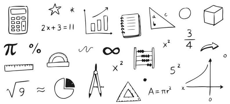 Hand drawn mathematical symbols and equations on a white background with a clean composition