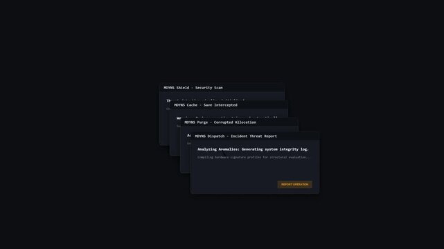 Dark mode computer retro user interface window security scanning threat containment system protected confirmation screen animation