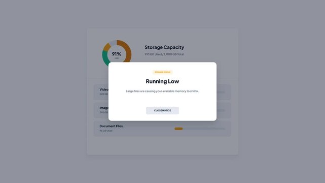Storage Capacity Progress Bar UI Running Low Memory Warning Modal Popup Notification Flat Graphic Animation