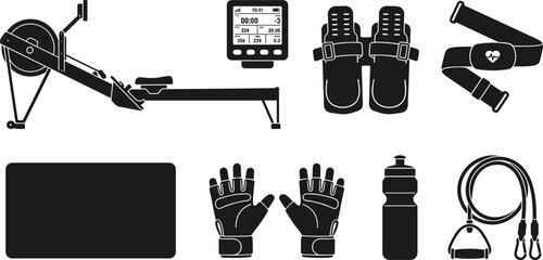 Indoor Rowing Machine and Fitness Equipment Silhouette Icon Set for Home Gym Workout Training Cardiovascular Exercise and Crossfit Concepts © Sahina