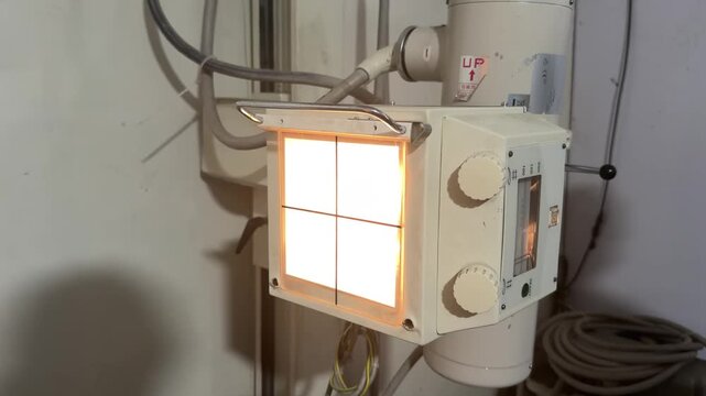 Collimator projects crosshair light field to align radiation beam on medical X‑ray machine. 