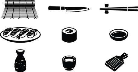 Japanese Sushi Making Cooking Equipment and Dining Icon Set with Rolling Mat Knife Chopsticks Sake Bottle and Grater Vectors © Sahina