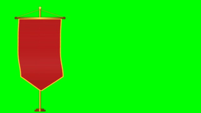 Red vertical desk banner with pointed bottom and gold frame waving on green screen background